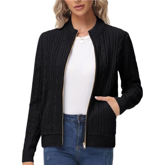Sweaters - Women's Zip Up Cable Knit Sweater Black